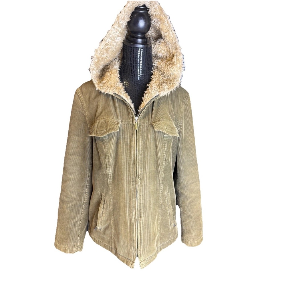 Vintage Esprit Corduroy Jacket Large Green Sherpa Fleece Lined Fur Hood Y2K Sz L